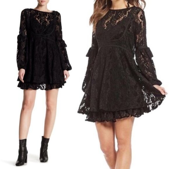 Free People Ruby Black Lace Mini Boho Dress Size Small new with Tags - Picture 2 of 11